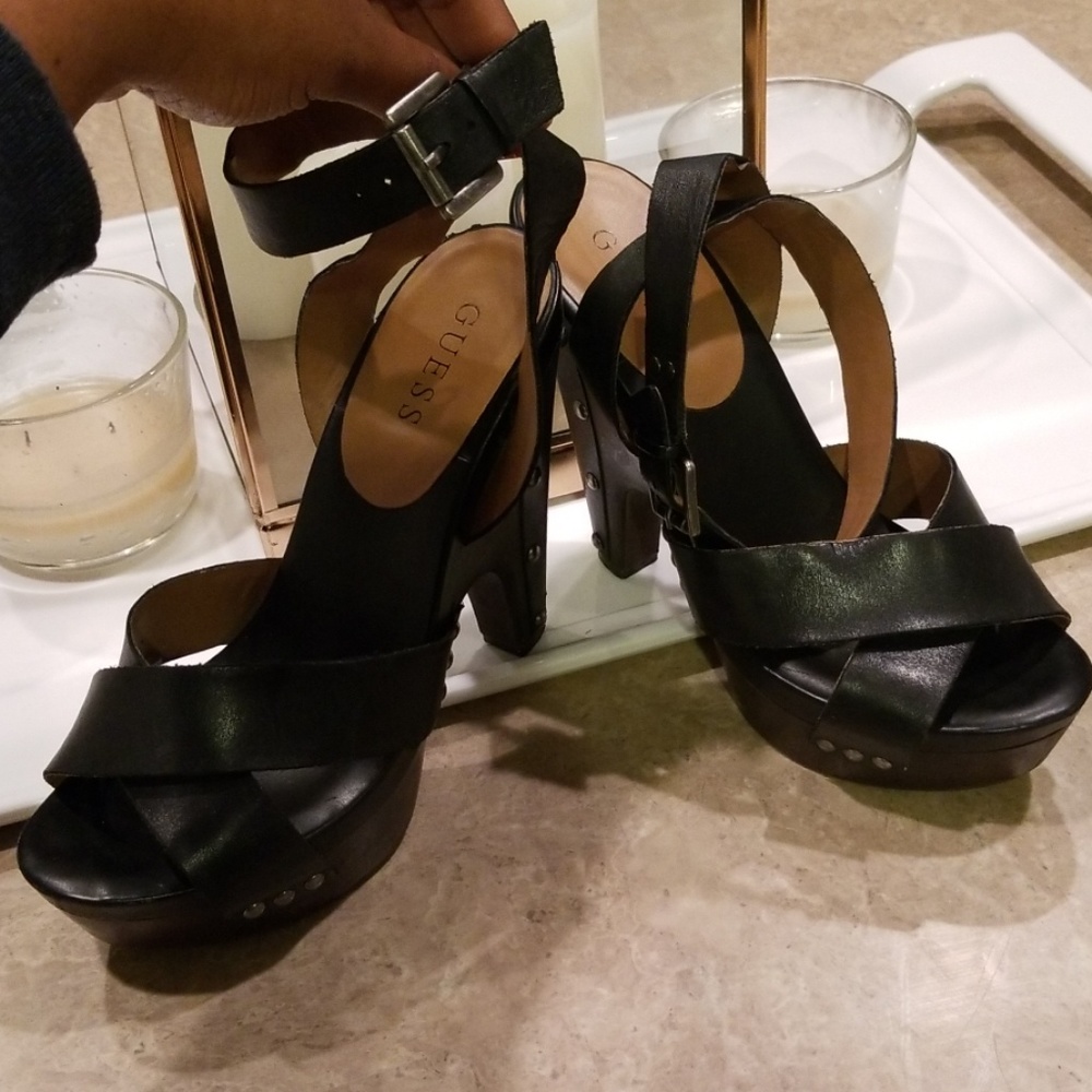 GUESS Black Leather & Wood Platform Sandals